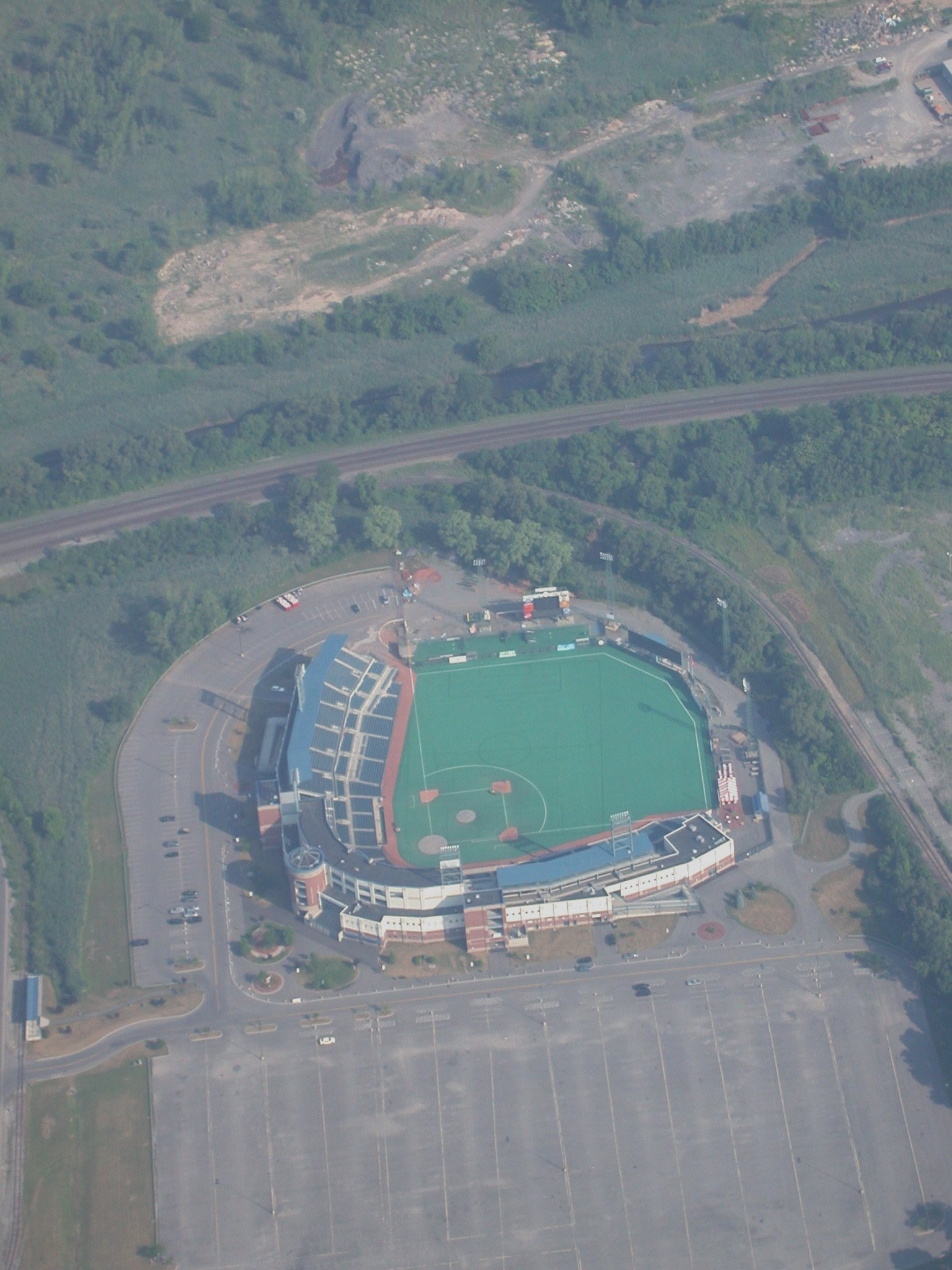 Departing Syracuse over the local ballpark